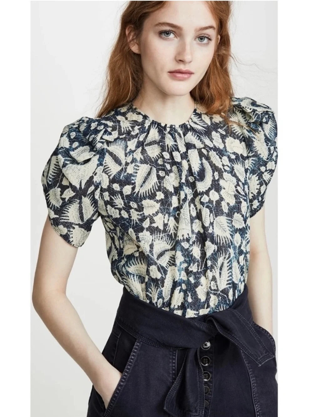 Ulla Johnson‎ Nova Top Indigo Batik Floral Metallic Puff Sleeve Blouse Size 0